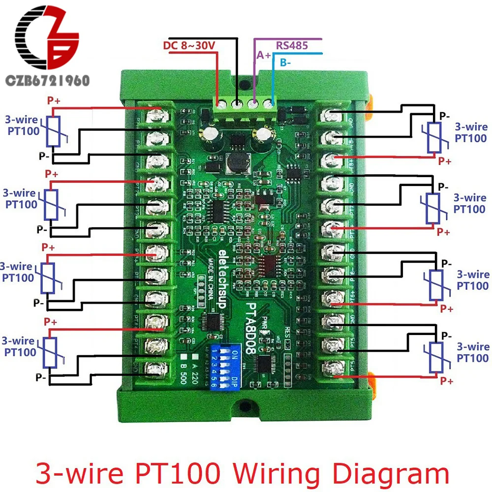 8ch DC 8-30V PT100 RTD RS485 Temperature Sensor Module Modbus RTU Platinum Thermal Resistance Collector -40~500C Thermostat