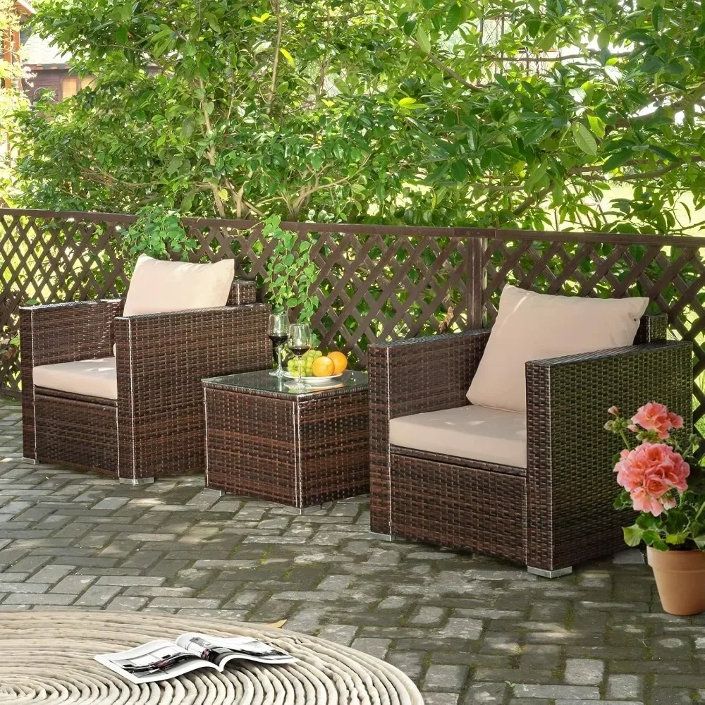 Patio Furniture Set, Outdoor Conversation Rattan Furniture Set w/Washable Cushion and Tempered Glass Tabletop