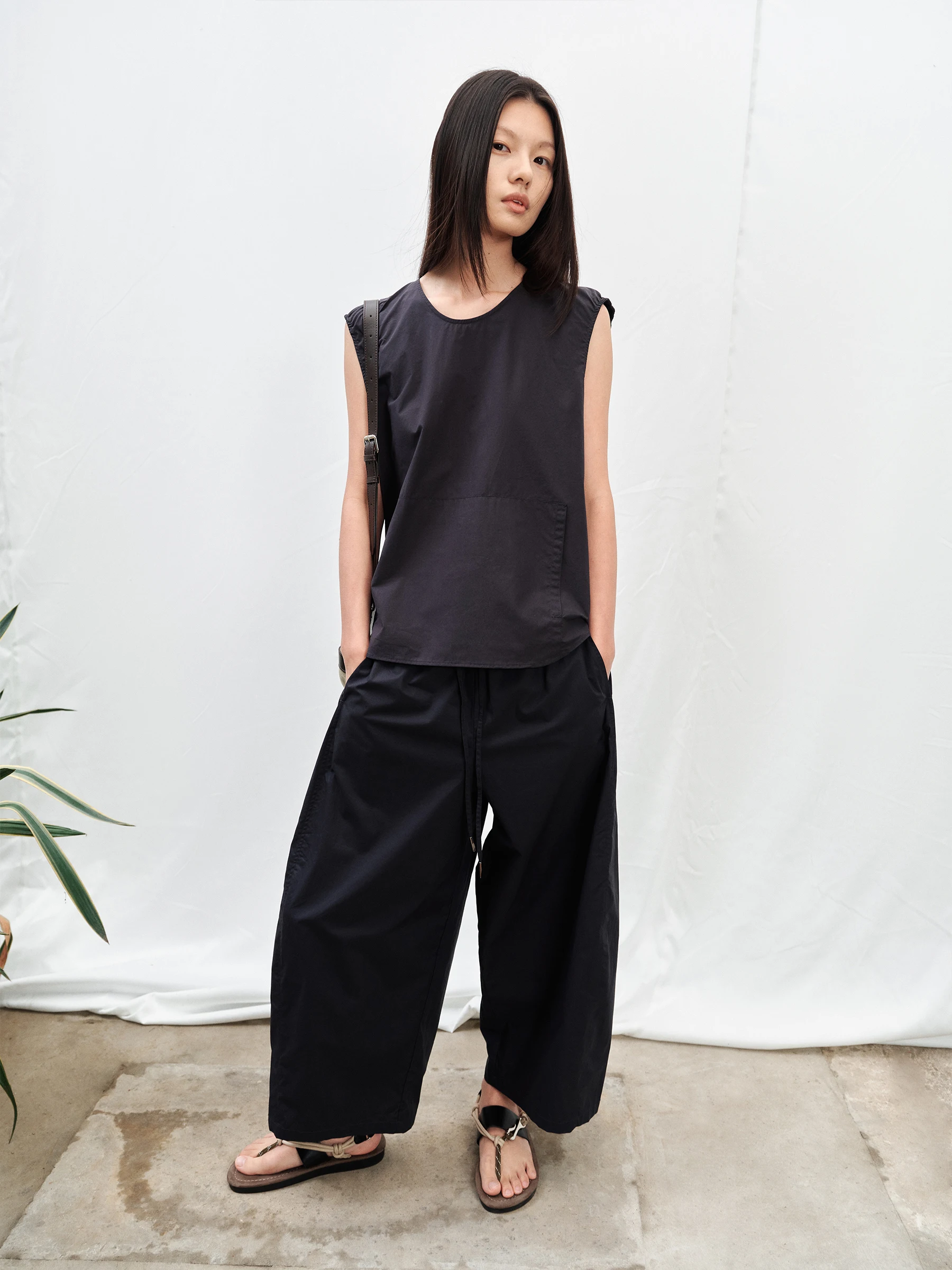 SHKUCO Casual Cotton Drawstring Lightweight Loose Wide Leg Nine Point Pants Texture Feeling Stylish Female Leisure Trousers