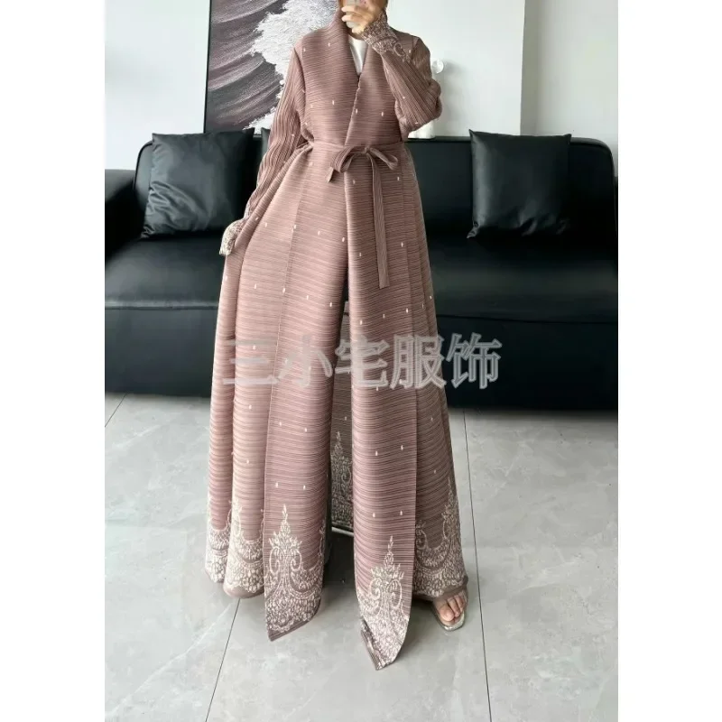 Autumn and Winter New Abaya Fashion Lapel Pleated Long Sleeved Cardigan Windbreaker Jacket Saudi Abayas for Women