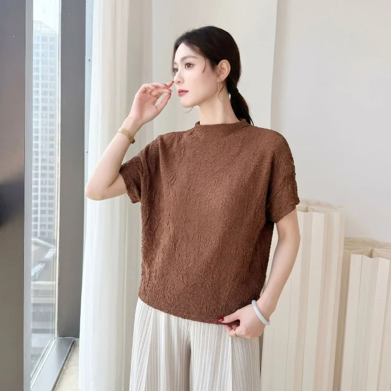 

Miyake Pleated T-Shirt 2026 Summer New Fashion Short Sleeve Lightweight Top Simple Casual Plus Size Stretch Women's Clothing