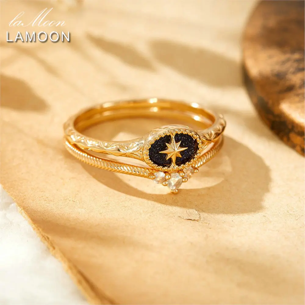 LAMOON Vintage Labradorite S925 Sterling Silver Engraved Ring For Women Simple Elegant Blue Sand Stone  Gold Plated Fine Jewelry