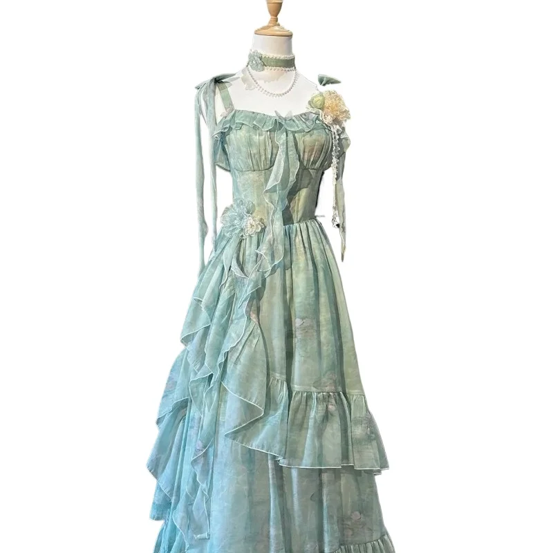 New Casual Sweet Kawaii Vintage Japanese Girly Dress for Women Summer Beach Party Y2K Style Floral Print Light 2025 Clothing