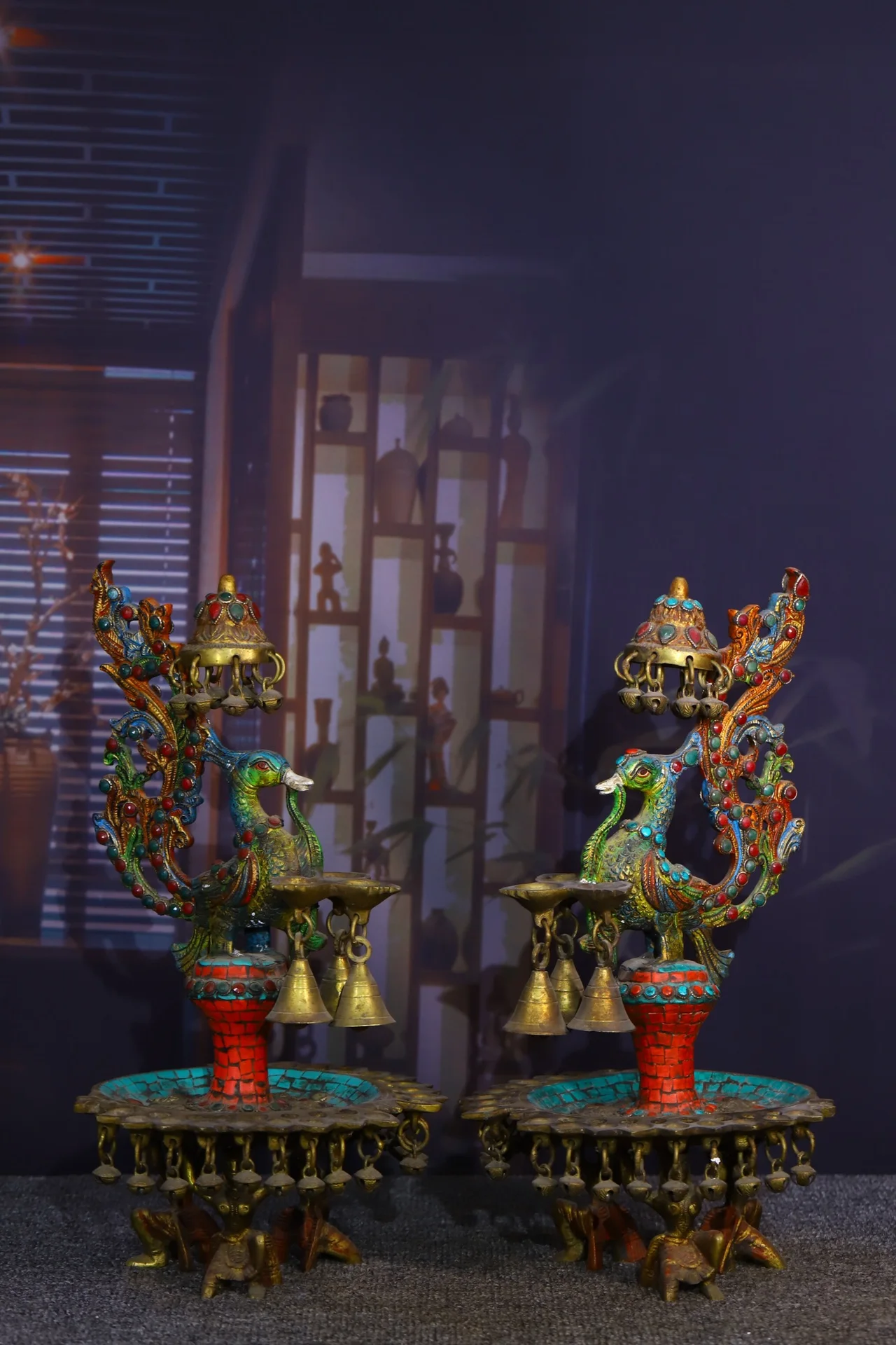 

Old Xizang Folk Old Bronze Outline in gold Mosaic Gem Phoenix Oil lamp Candlestick Pair Worship Hall Town House
