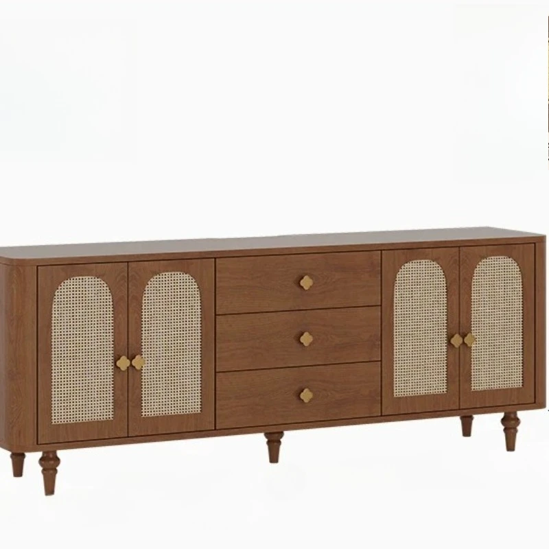Rubberwood solid wood rattan woven TV cabinet, light luxury home use, vintage French style used high-legged cabinet