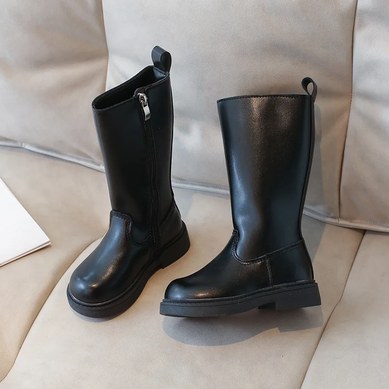 

Children Winter Leather Boots Warm Solid Color Girl High Top Thin Fleece Boots Girls Korean Casual Knight Boots Kids Side Zipper