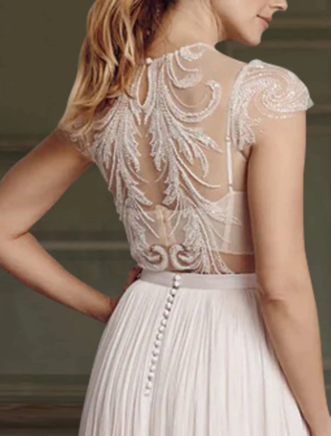 Robe de bal Sexy pour femmes, manches courtes, col en bijoux, Illusion de dentelle, hauts avec Appliques, robe de mariée romantique