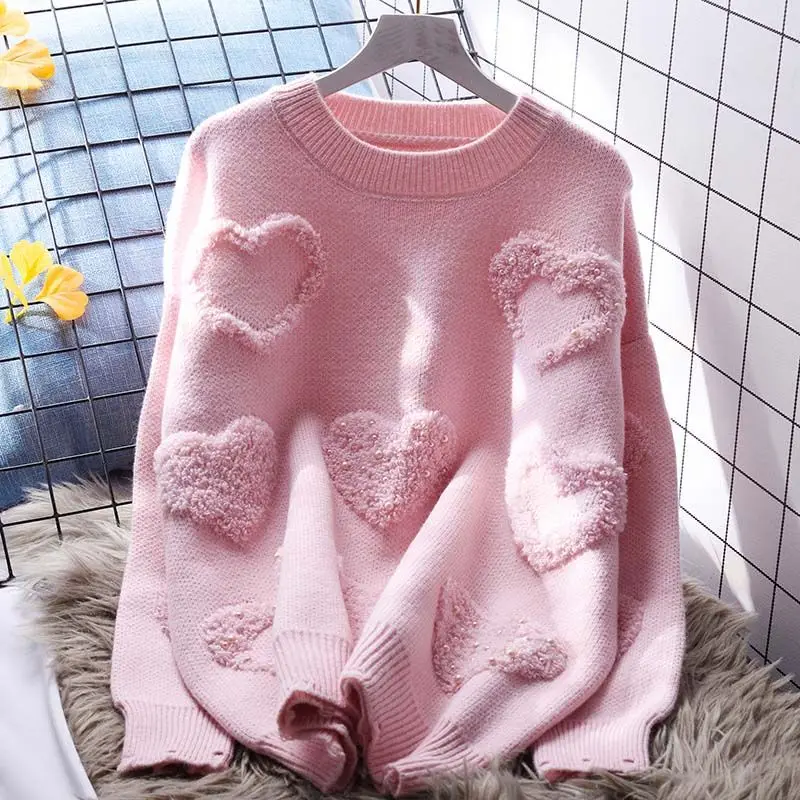 Autumn Winter Women Stylish Embroidery Beaded Chic Thick Knitted Sweater Casual Red Pink O Neck Long Sleeve Loose Pullover Tops