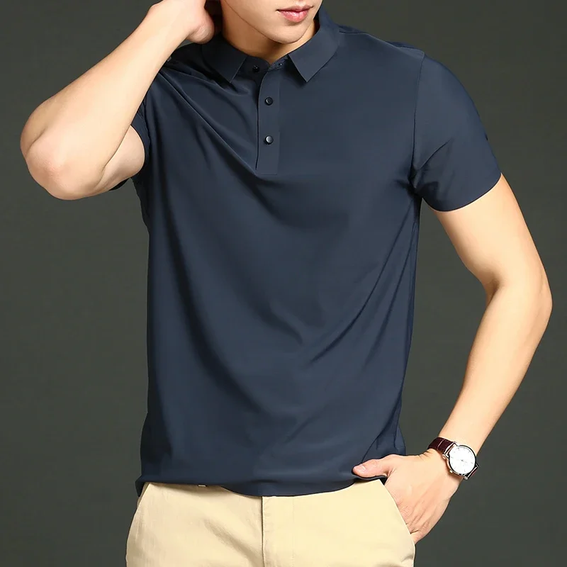 

2026 Golf Solid Ice Silk Traceless Silk Loose Polo Shirt Short Sleeve T-shirt Men's Elastic Ironless Thin Polo Neck Light Luxury