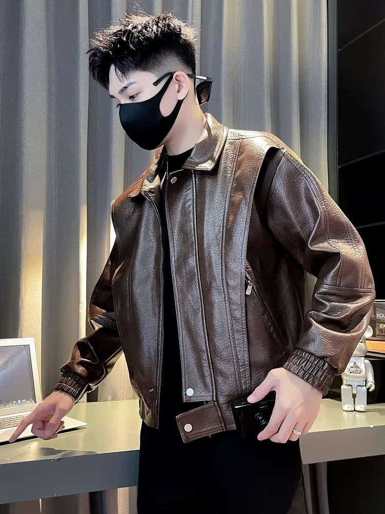 

Винтажная кожаная куртка для мужчин, повседневная мотоциклетная куртка, универсальная, весна-осень, модный бренд, свободный крой, на молнии, из искусственной кожи
