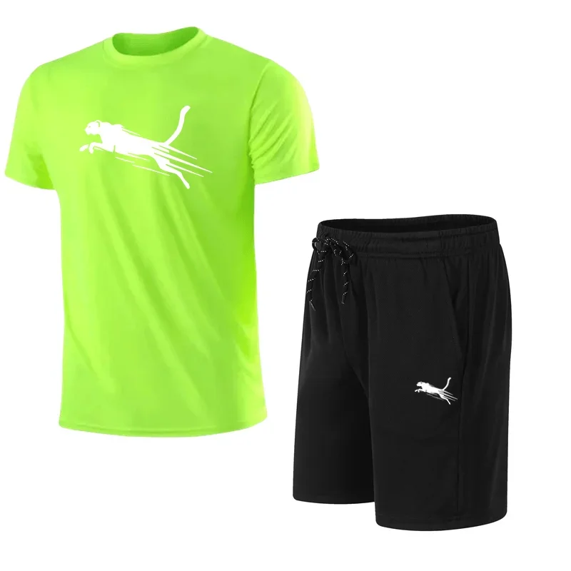 2025 夏のメンズランニングセットチータープリントトップカジュアル Tシャツ + ショーツ 2 点セットスローランニング通気性速乾性