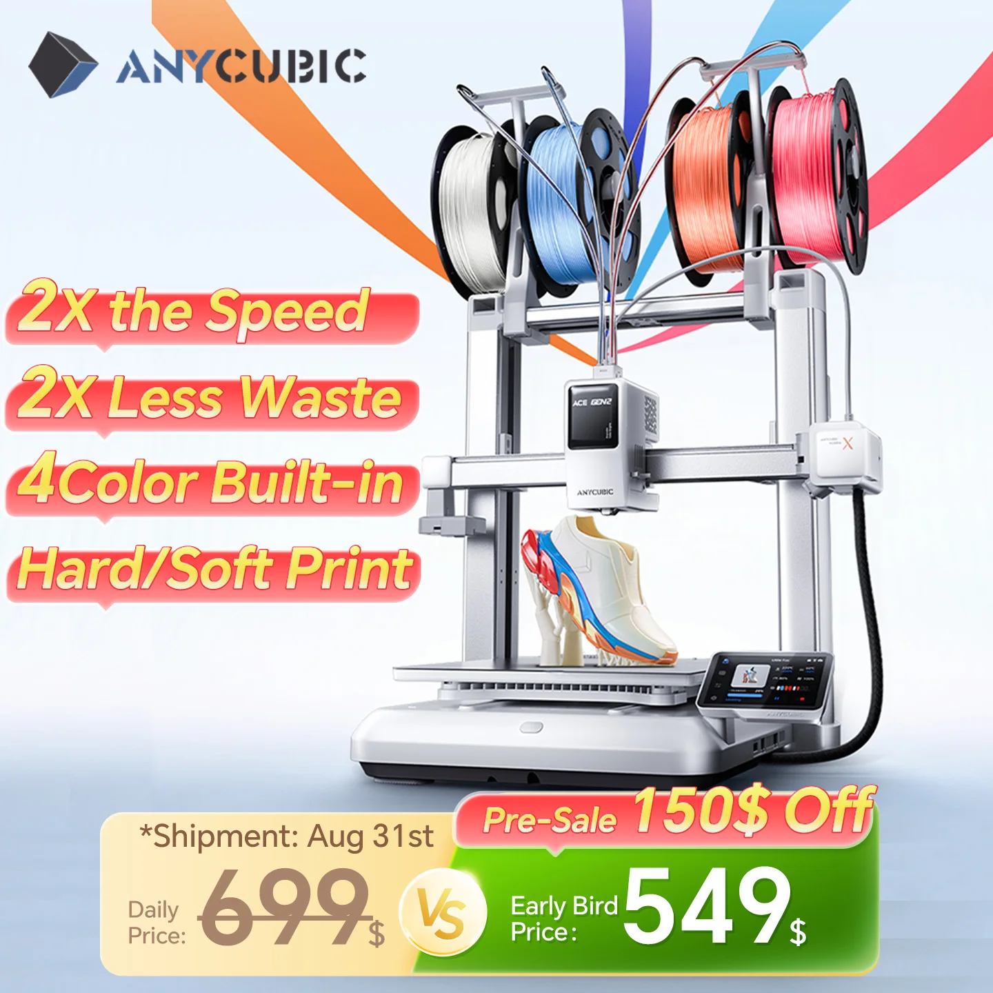 Impressora 3D ANYCUBIC Kobra X com velocidade máxima de impressão de 600mm/s, 2x mais economia de tempo e material, impressão em até 19 cores, detecção por IA.