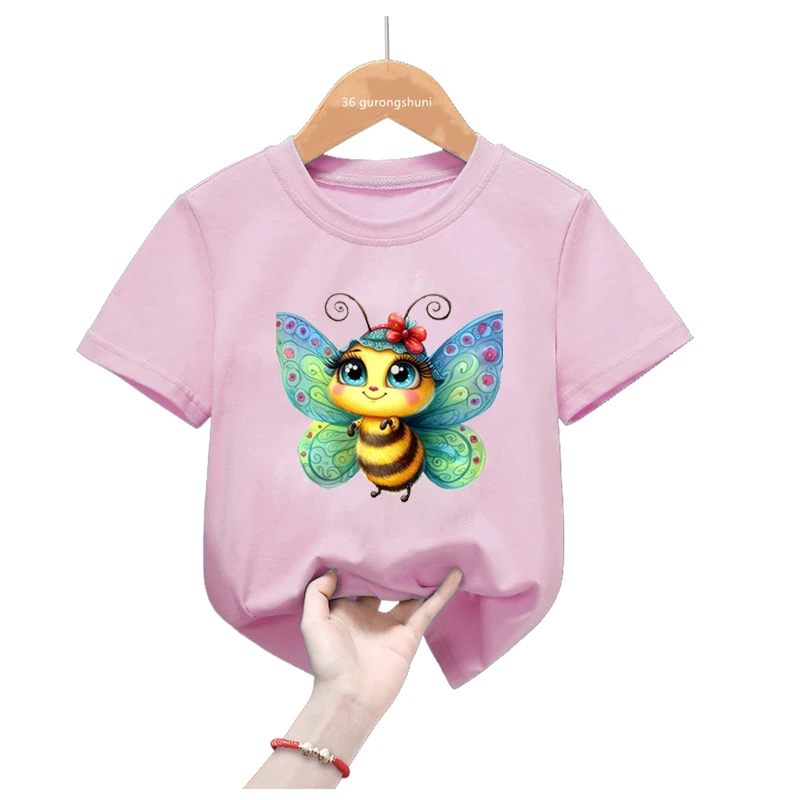 Camiseta rosa con estampado de abeja para niñas, ropa Harajuku Kawaii para niños, Tops de verano, camiseta para niños, ropa de calle