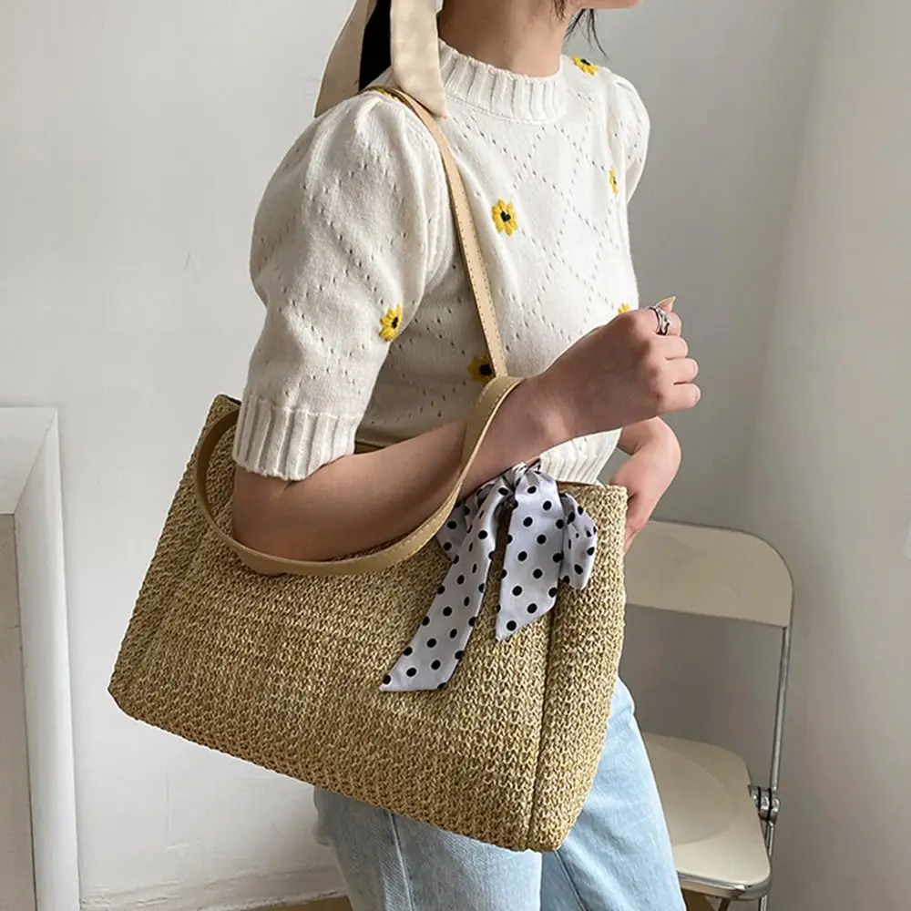 Portable With Ribbon Straw Bag Large Capacity Woven Shoulder Bag With Handle Solid Color Tote Bag Travel