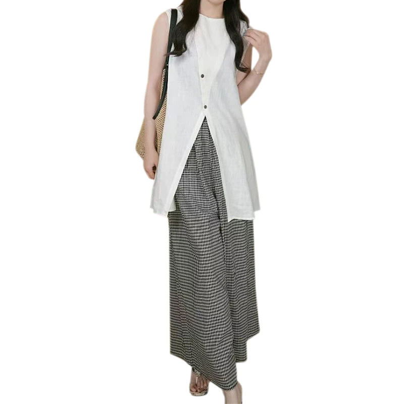 Korean Style Casual Loose Atmosphere Slit Top Plaid Wide Leg Pants Skirt Two Piece Set Women Summer New Artistic Set