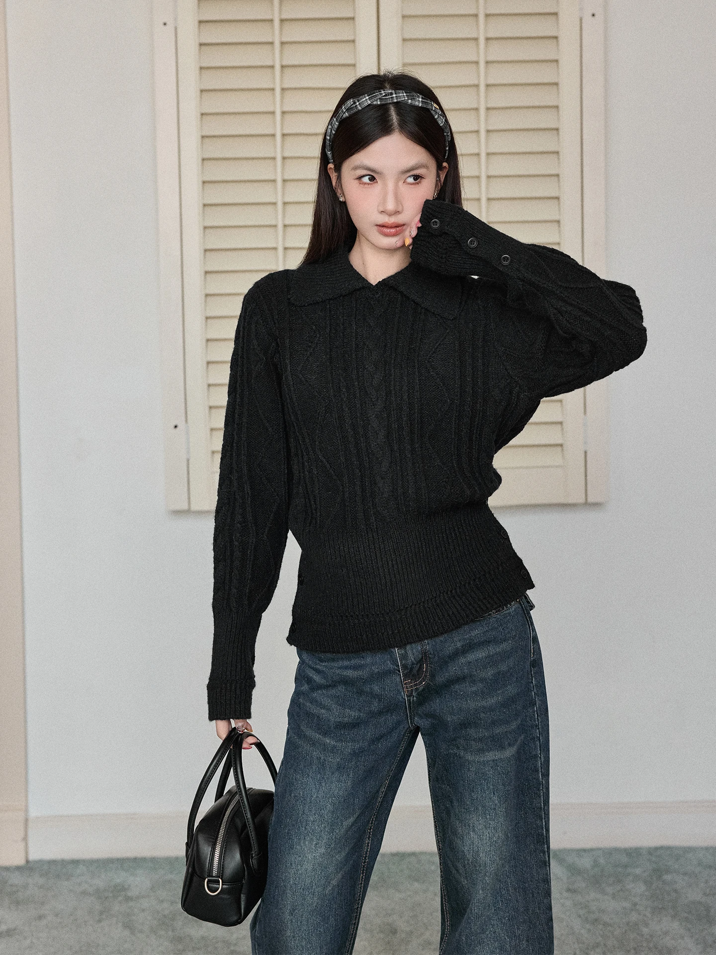 

Ретро-корейский женский вязаный свитер с коротким топом, утягивающим дизайном на талии, длинными рукавами, отложным воротником, мягкий и уютный базовый слой