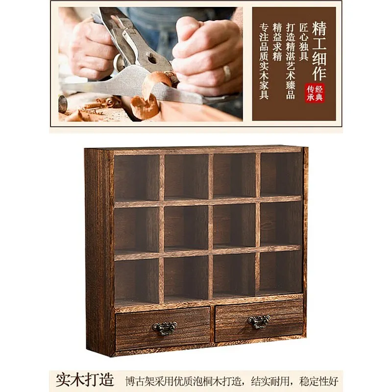 Solid Wood Dustproof Tea Cup Display Cabinet Acrylic Cover Tabletop Storage Rack with Drawer