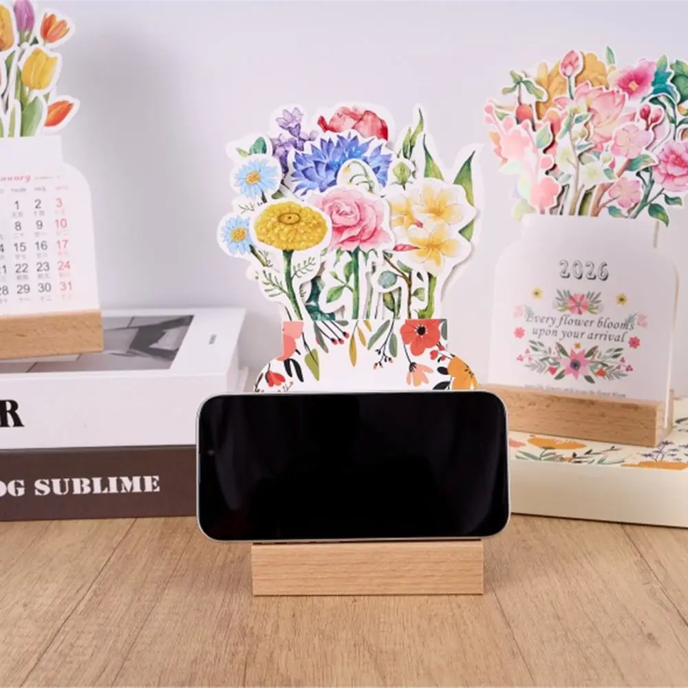 

Wooden Base 2026 Desktop Calendar Vase Shaped Floral Theme Bloomy Flowers Desk Calendar Detachable Base Date Display