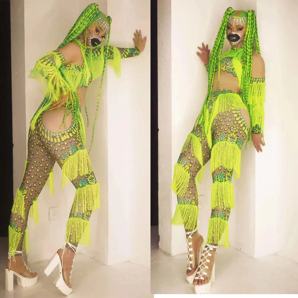 

Green Off Shoulder Sexy Tassel Jumpsuits For Women Party Club Clothing Stage Singer Perform Costume Party Rave Outfits