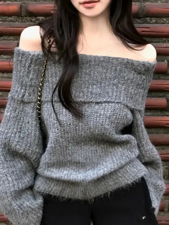 

Корейский вязаный свитер на одно плечо, женский свободный длинный светящийся утягивающий свитер с открытыми плечами, модный топ