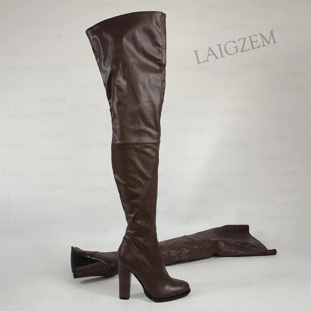 ZHIMA Women Thigh High Boots Round Toe Thick High Heels Boots Over Knee Faux Leather Ladies Shoes Woman Plus Size 41 45 50 52