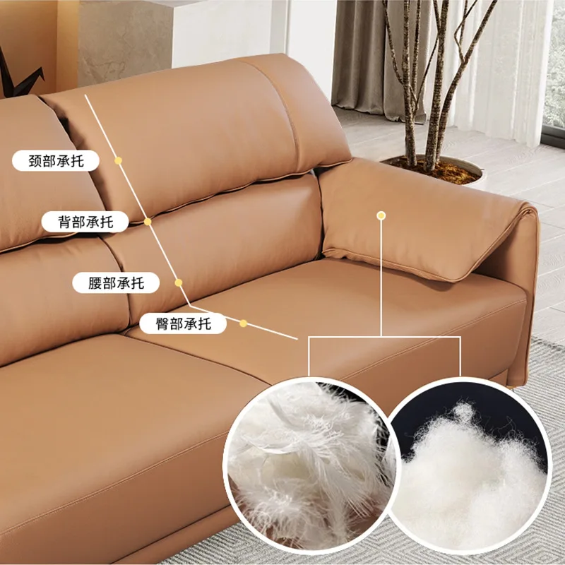 Canapé italien minimaliste en cuir de vache, première couche, petit appartement, salon, poteau d'oreille d'éléphant, canapé à dossier haut