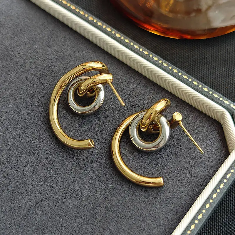 New INS-style fashionable and creative multi-layered twisted French luxury style line design 18k gold titanium steel earrings