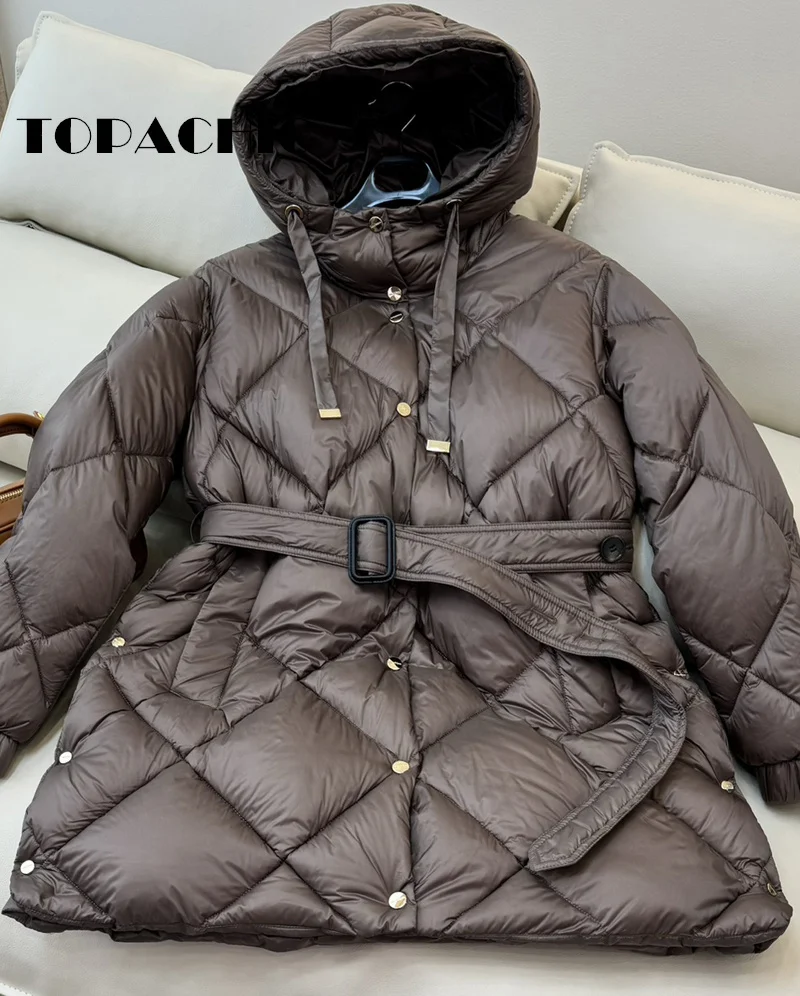 9.5 TOPACHIC-Women Hooded Mid-Length Sashes White Down Outerwear Quilted Argyle Plaid Solid Color Button Down Jacket