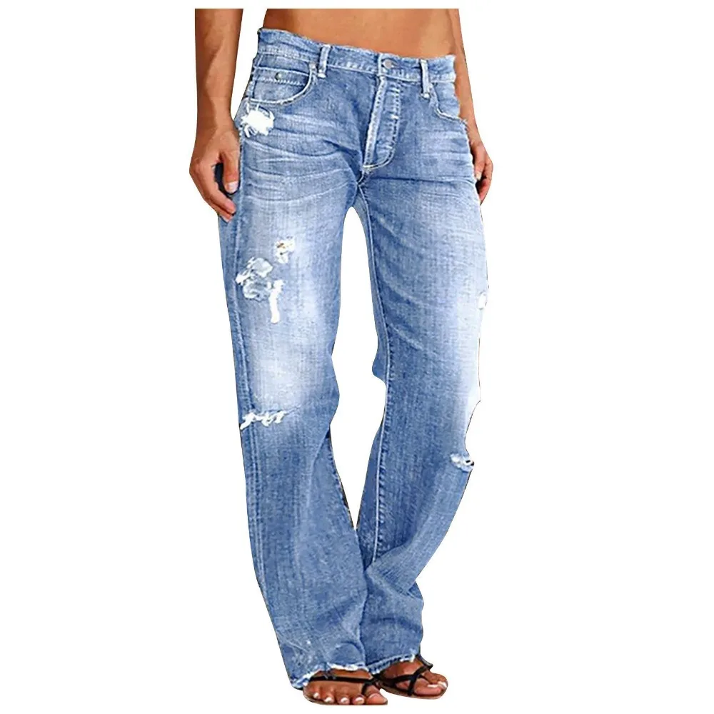 

Full Length Women Jeans Vintage Distressed Wide Leg Pants Denim Wash Loose Fit 2026 Summer Pockets Solid Spliced High Waist