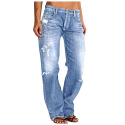 Full Length Women Jeans Vintage Distressed Wide Leg Pants Denim Wash Loose Fit 2026 Summer Pockets Solid Spliced High Waist