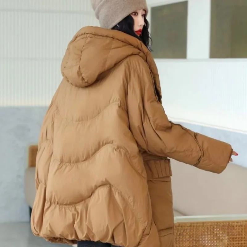 2023 New Women Down Jacket Winter Coat Female Mid-length Super Size Parkas Batwing Sleeve Loose Simple Outwear Hooded Overcoat