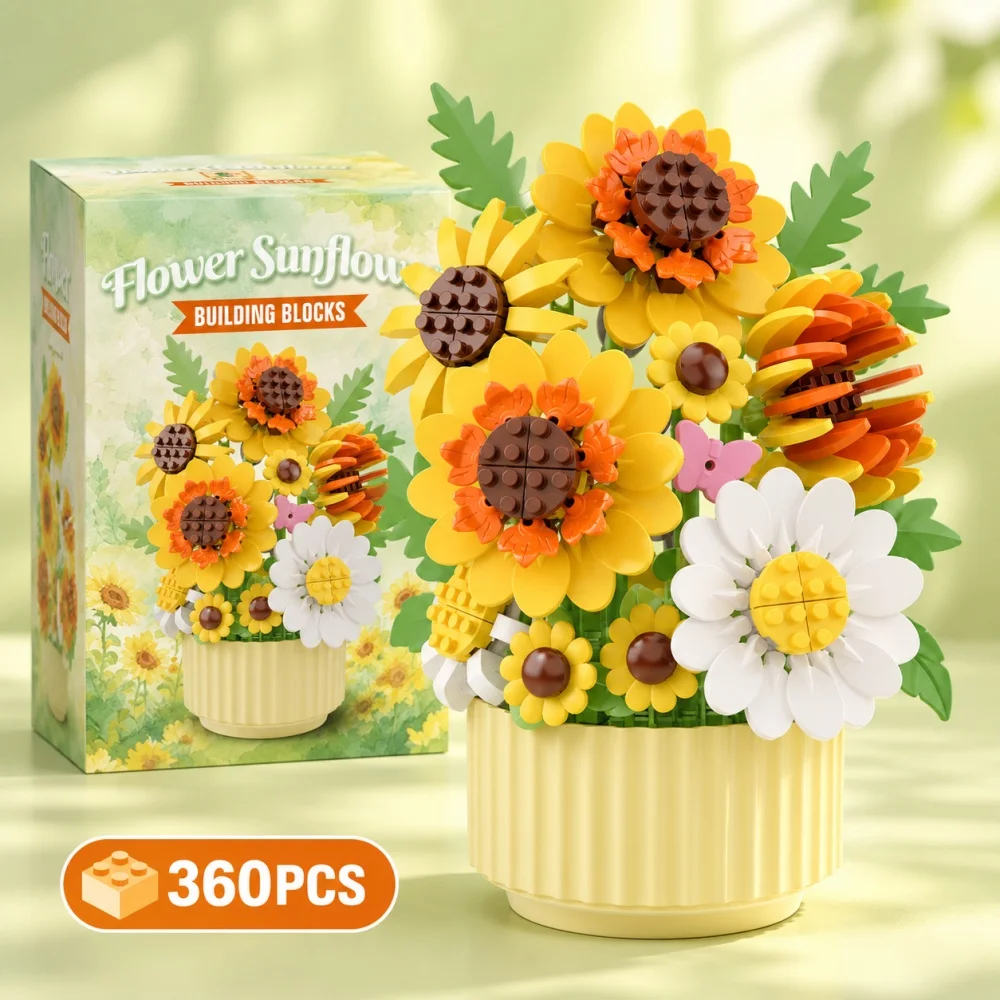 FUNXINEE Micro Bricks: doe-het-zelf rozen- en zonnebloemenboeket, bloemstuk, botanisch landschap, creatief cadeau voor volwassenen en kinderen, perfect voor de feestdagen.