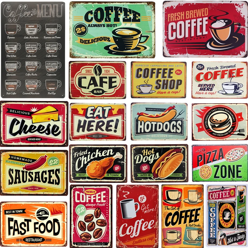 Menú de café de comida rápida Shabby Chic, placa de carteles de Metal de hojalata Vintage, Perro caliente para comedor, restaurante, cafetería, tienda, cocina, decoración de pared del hogar