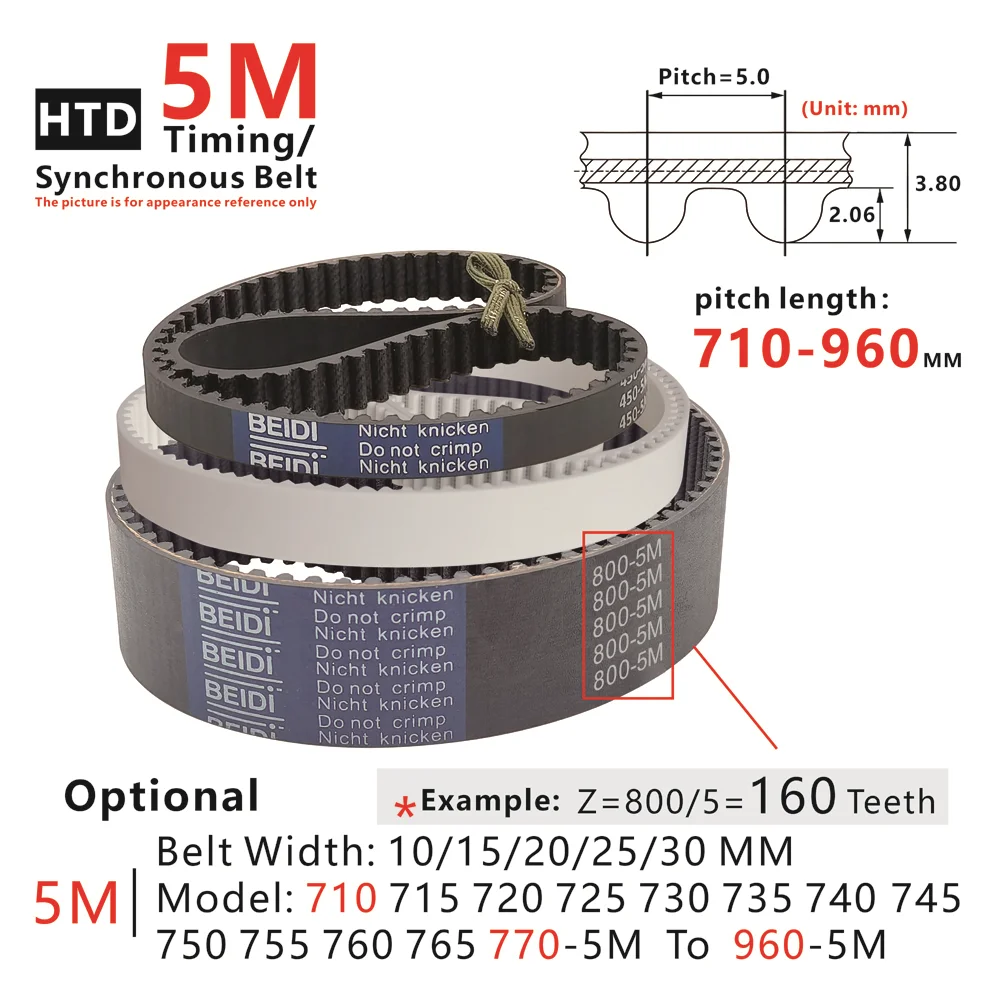 710-960mm, 5M Timing Belt, Model form 710-5M, 760-5M, 800-5M, 880-5M to 960-5M, for DIY/CNC/3D printers, HTD5M Synchronous wheel