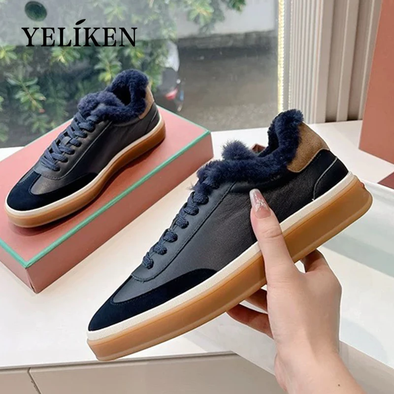 Autumn Winter Couple Wool White Shoes Women's Genuine Leather Training Shoes Men's Retro Flat Casual Shoes Couple Cotton Shoes