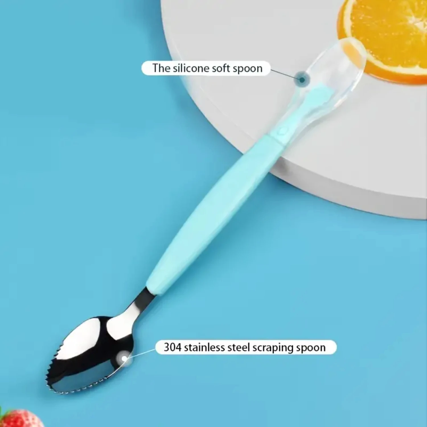 

Soft and gentle double head baby fruit scraping feeding spoon with 304 stainless steel handle for making homemade fruit puree.