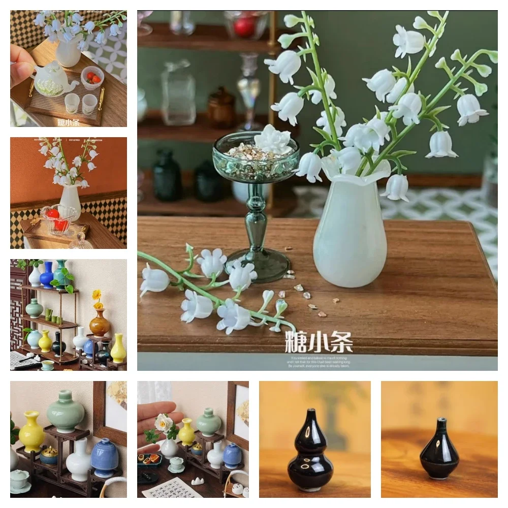 6/12Points Doll House Vintage Mini Vase BJD Toy Miniature Lily of The Valley Teapot Glass Vase Scene Simulation Props OB11 Model