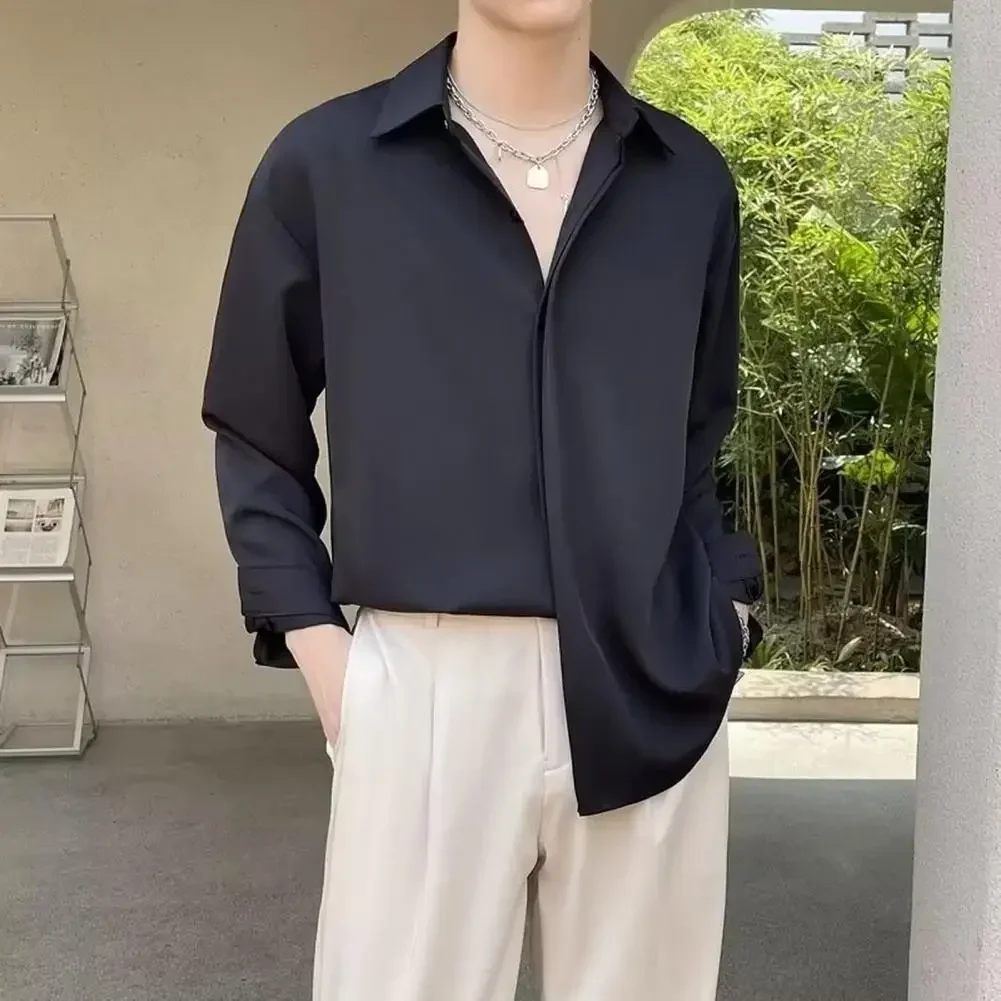 

Lapel Collar Shirt Men's Spring/fall Formal Shirt with Turn-down Collar Single-breasted Design Long Sleeves Stylish for Young