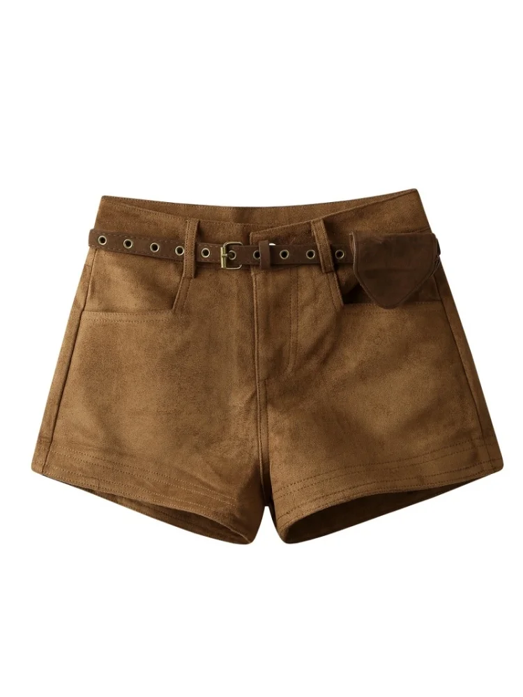 Celana Kulit Wanita Model A-Line High Waist Warna Cokelat Bahan Suede untuk Musim Gugur dan Musim Dingin, Cocok untuk Aktivitas Luar Ruangan