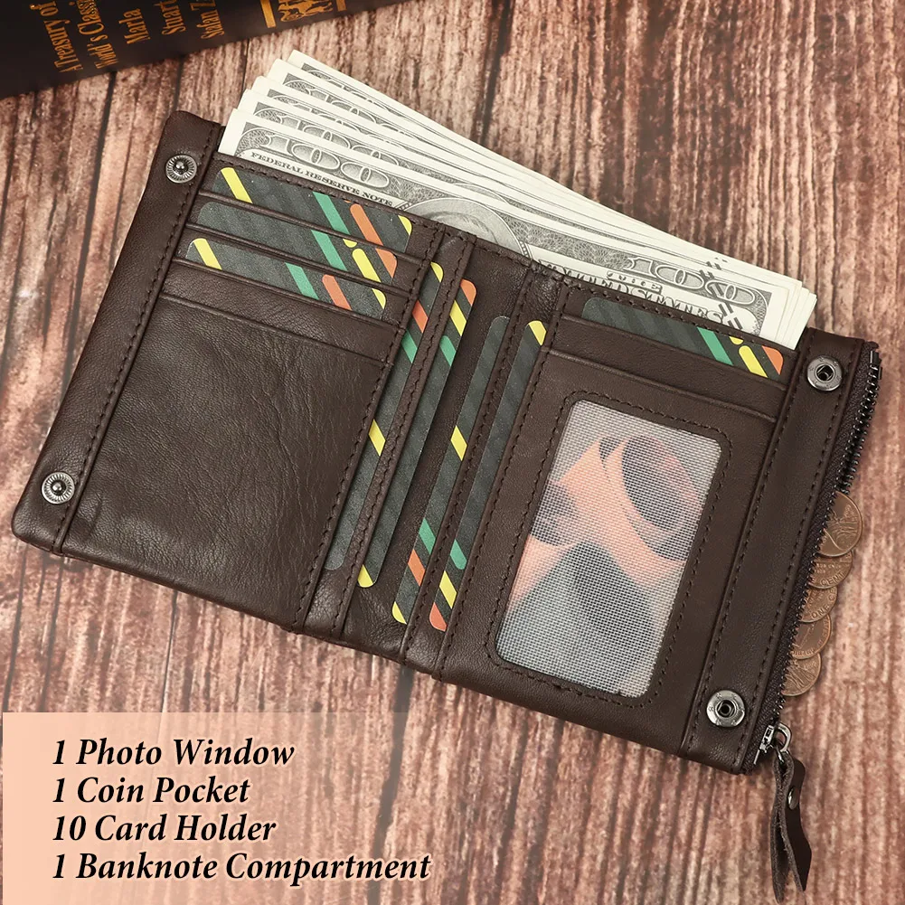 KAVIS RFID Luxurious Genuine Leather Short Wallet For Men  With High-Capacity Durable Business Bifold Zip Card Holder Wallets