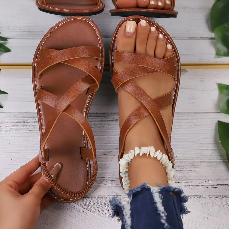 Women's Cross Strap Flat Roman Sandals Open Toe Ankle Wrap Comfortable Walking Shoes for Summer Beach Vacation Casual Daily Wear