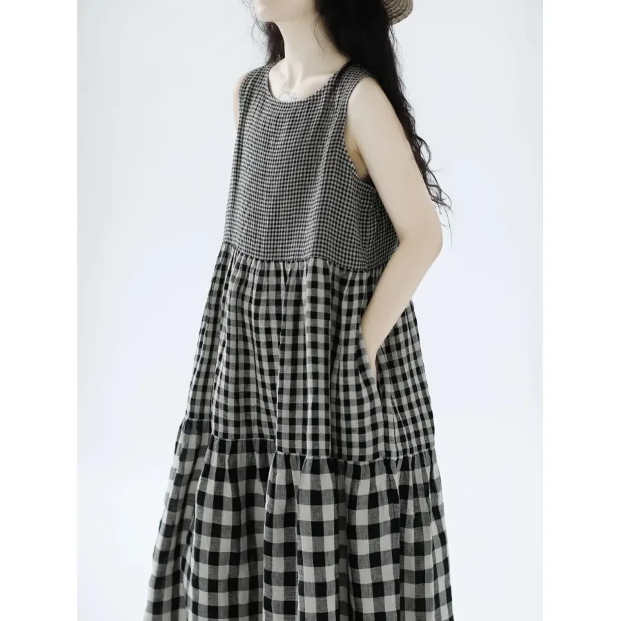 Loose Linen Summer Dr Svel Patchwork Vest Skirt adient Cheered Print n Sle Women's Faion Dr