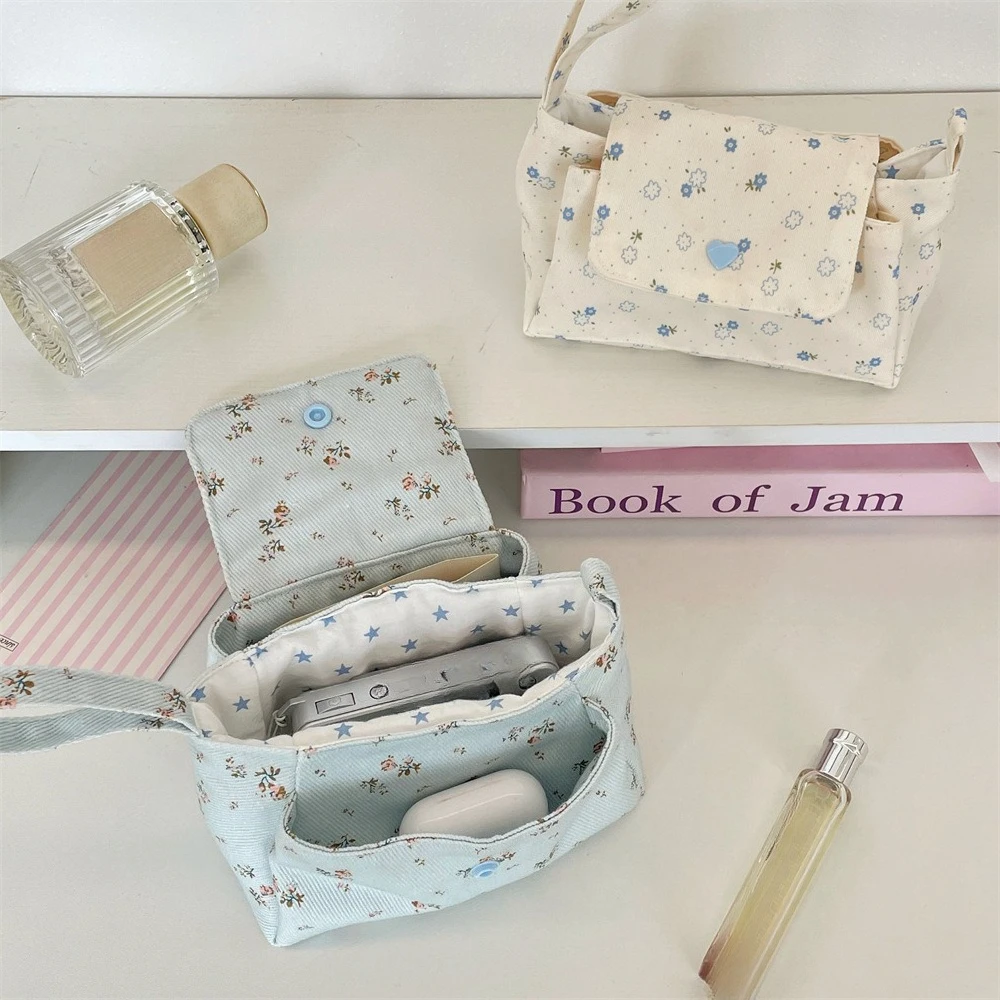 Multi Pockets Canvas Toiletry Bag for Women Travel Storage Makeup Bags Cute Flower Multi-layer Cosmetic Washing Organizer Bag - view 5