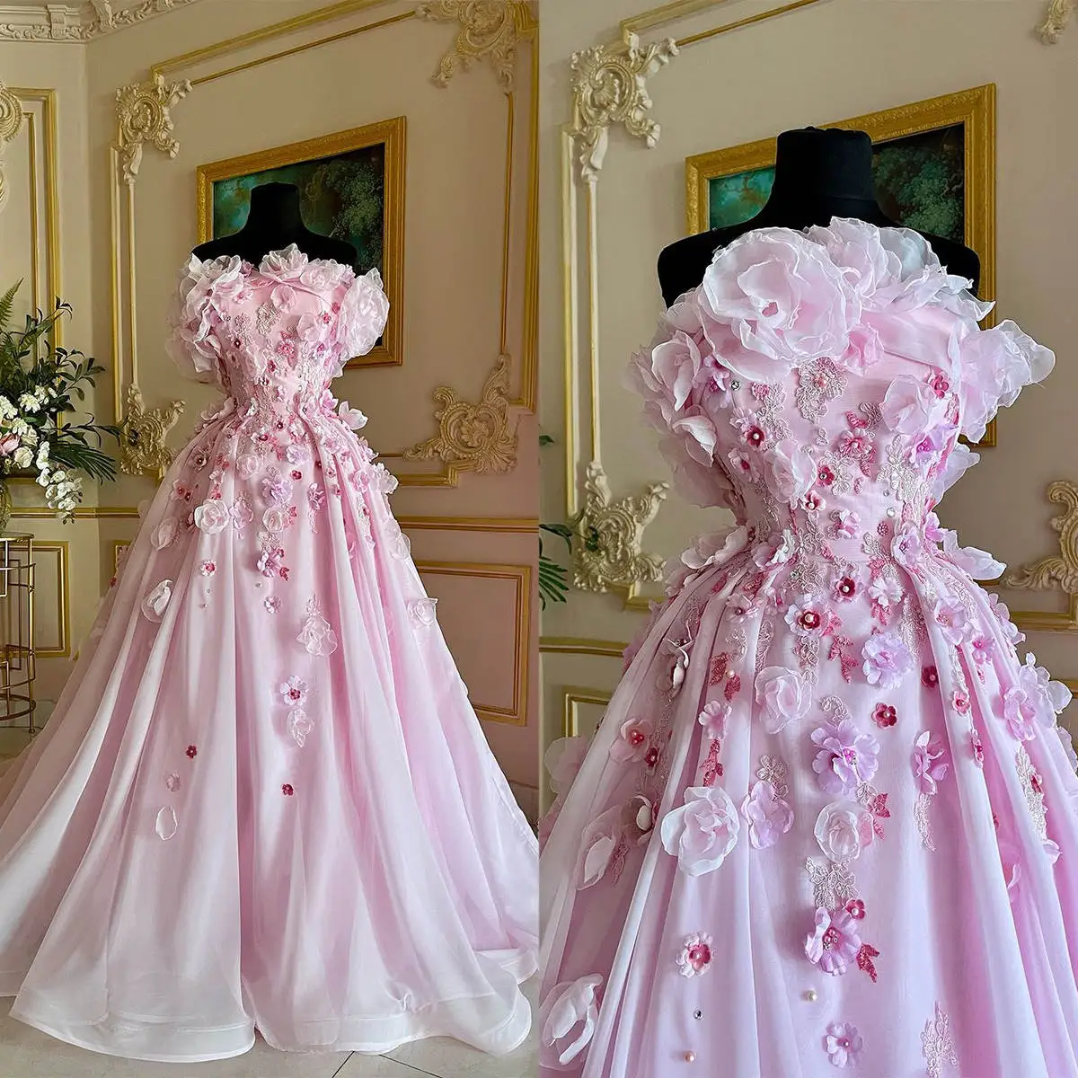 Pink Prom Gowns 3D Appliques Beaded Crystal Birthday Evening Dresses Dress Hand Made Flowers Robe De Bal