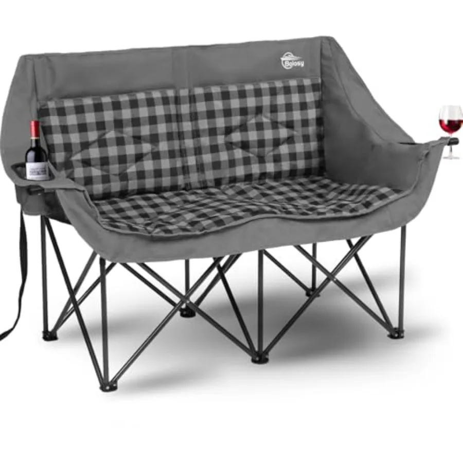 Outdoor camping loveseat chair for two adults, oversized folding design, grey polyester fabric with steel frame, supports up to