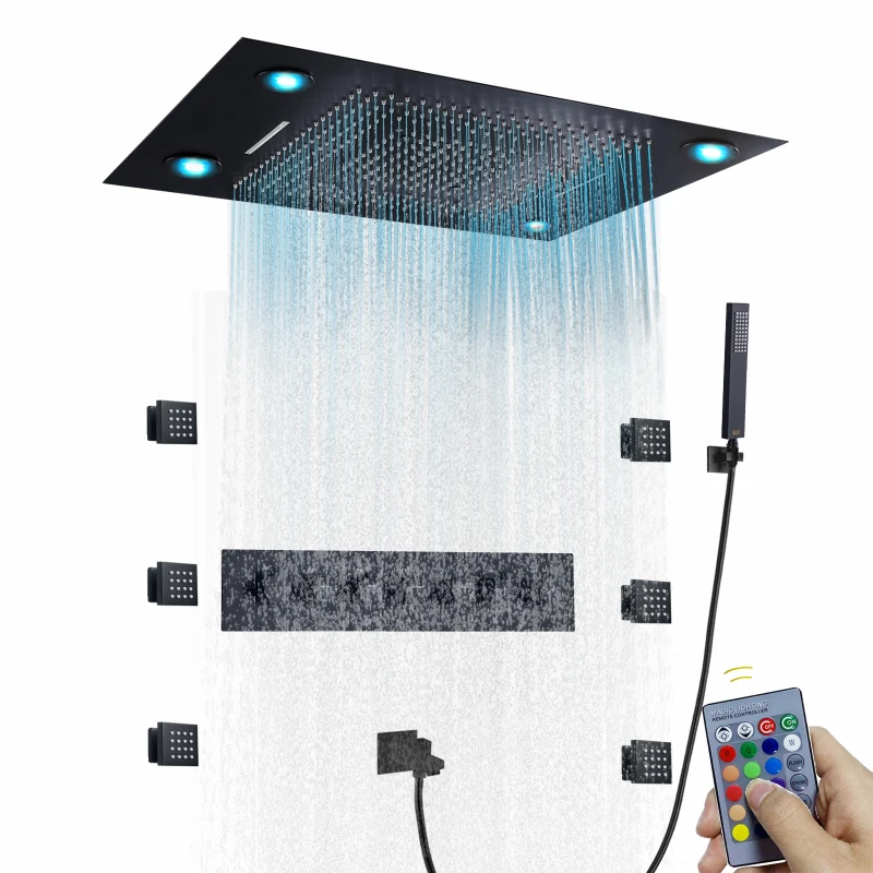 800*600MM Black Shower Head LED Bathroom Thermostatic Multifunction  System With  Body Jets