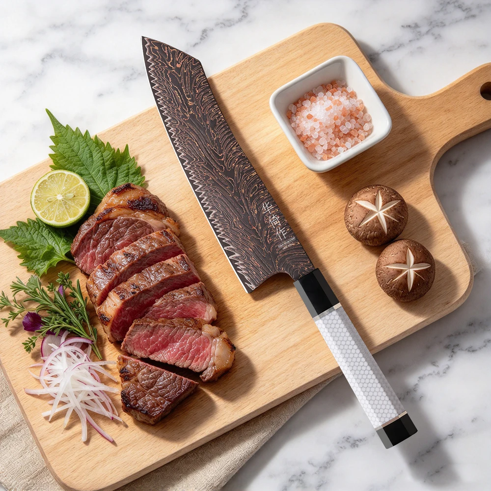 8-inch Kiritsuke Chef Knife Japanese 37 Layer Real Tricolour Copper Damascus Steel Santoku Kitchen Knives Slicing Cooking Tools