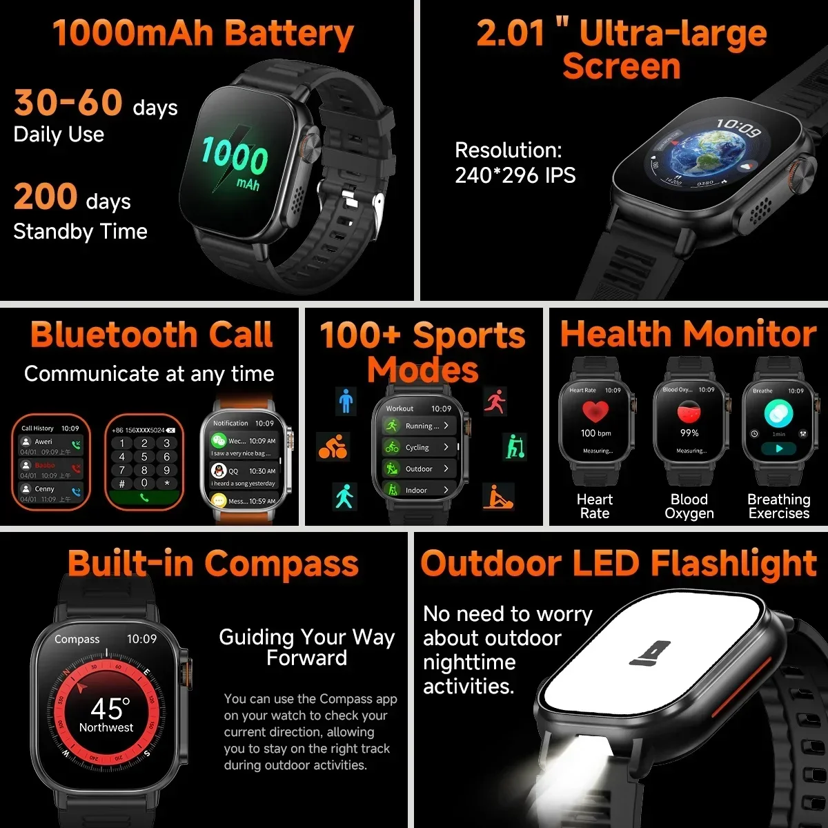 KPEP 1000mAh ساعة ذكية الرجال مصباح يدوي البوصلة مقاوم للماء 1000mAh بطارية كبيرة بلوتوث دعوة مراقب معدل ضربات القلب Smartwatch