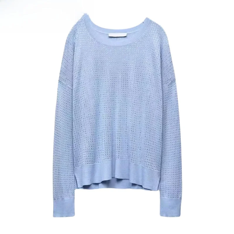 

Loose Long Sve round Ne Sweater Diamond Bead Embellied Fine Needle Knitted New Arrival Autumn Women's Faion Sweet Sle