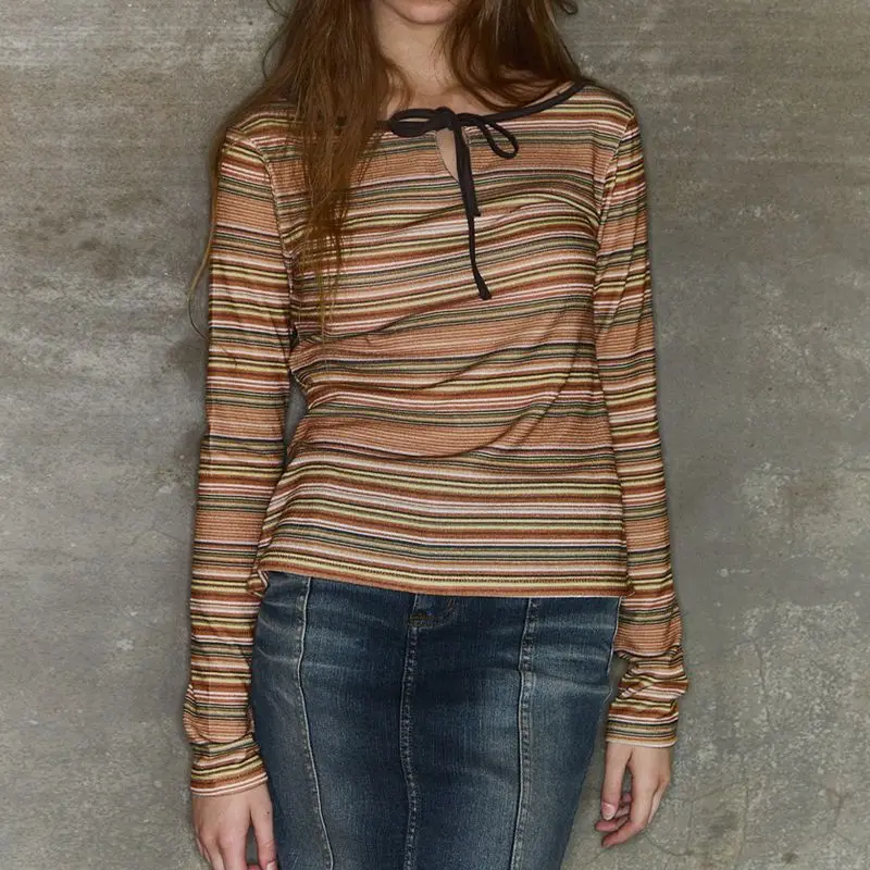 

Женские топы с вырезом спереди на бретельках и бантом, облегающие рубашки с длинными рукавами Y2k в стиле ретро, винтажные эстетические полосатые рубашки, уличная одежда